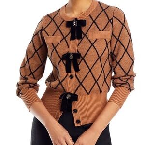 Nancy Yang Brown Black Velvet Jeweled Bow Button Knit Cardigan Sweater Sz M